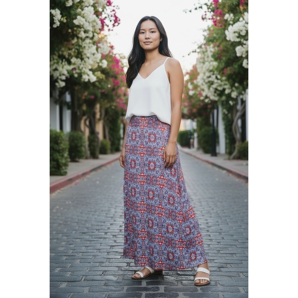 Gilli Red and Blue Patterned Maxi Skirt, M, EUC